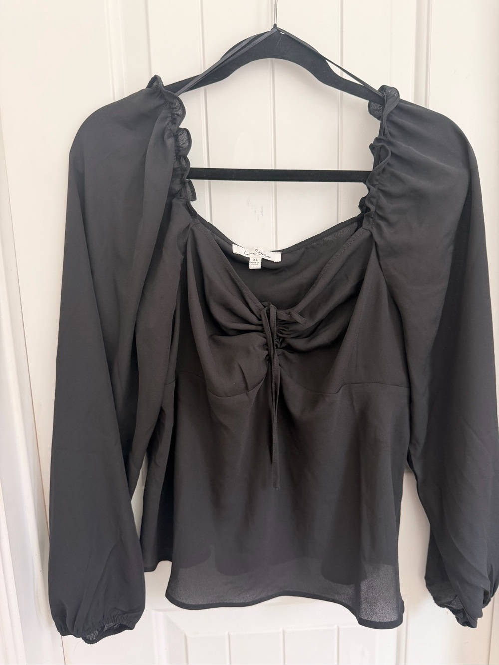 Love Tree Black Long-Sleeve Ruched Peasant Top